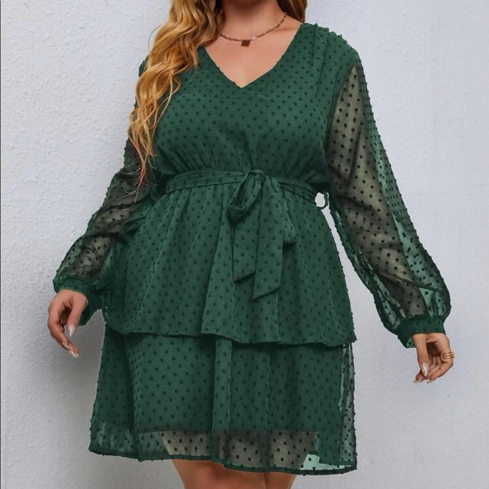 Blue plus size bishop sleeve ruffle hem belted mini dress - Picture 15 of 16